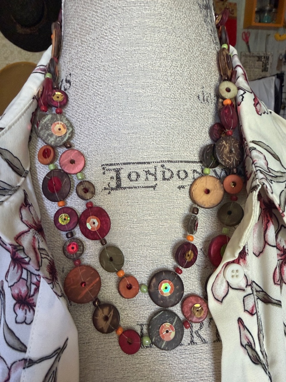 Multicolor Button-Style Long Necklace 22" long lightweight NWOT Boho - Picture 3 of 6